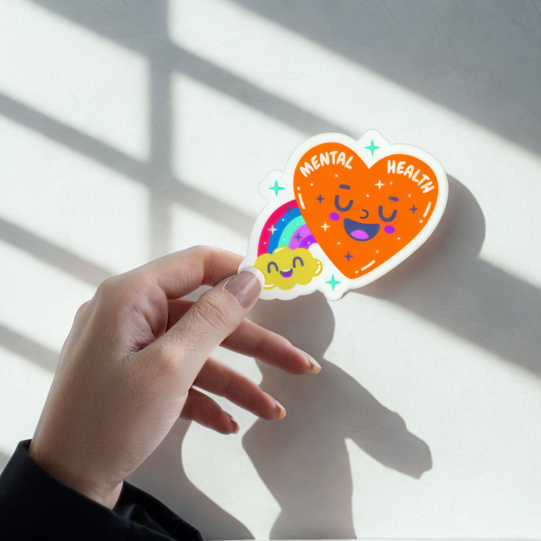 “Mental Health!” Rainbow Heart Sticker – 3x3” Kiss-Cut Vinyl