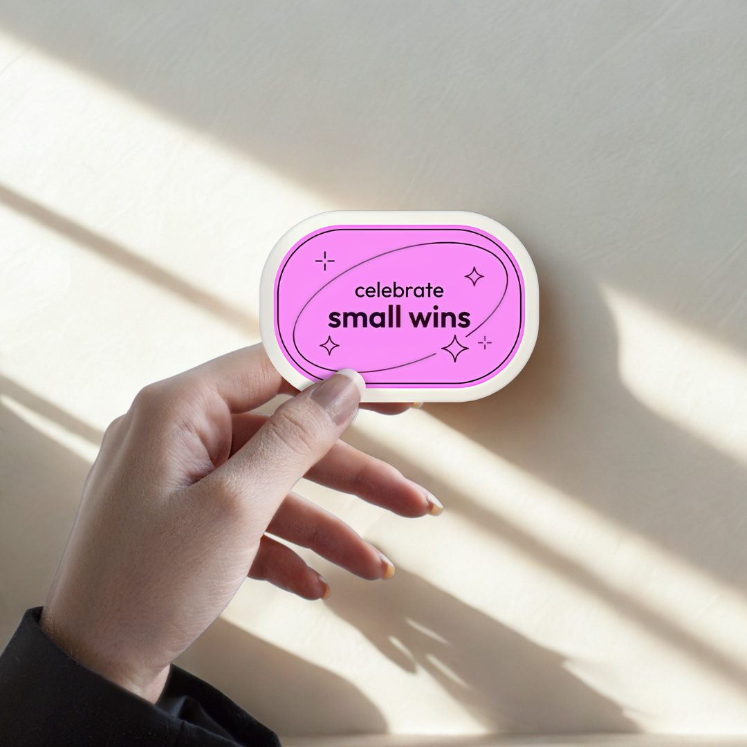 Celebrate Small Wins Sticker – Pink Mental Health Vinyl Decal | Positive Affirmation for Growth | Encouraging Therapy Gift Idea