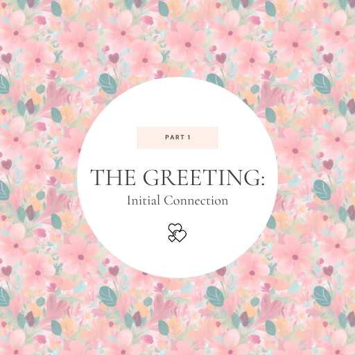 Floral patterned background with text overlay 'THE GREETING: Initial Connection' and a heart symbol.