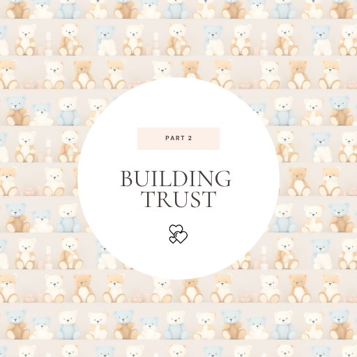 Pattern of teddy bears with a central text overlay 'Building Trust' on a light background.