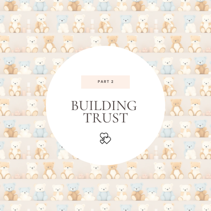 Pattern of teddy bears with a central text overlay 'Building Trust' on a light background.