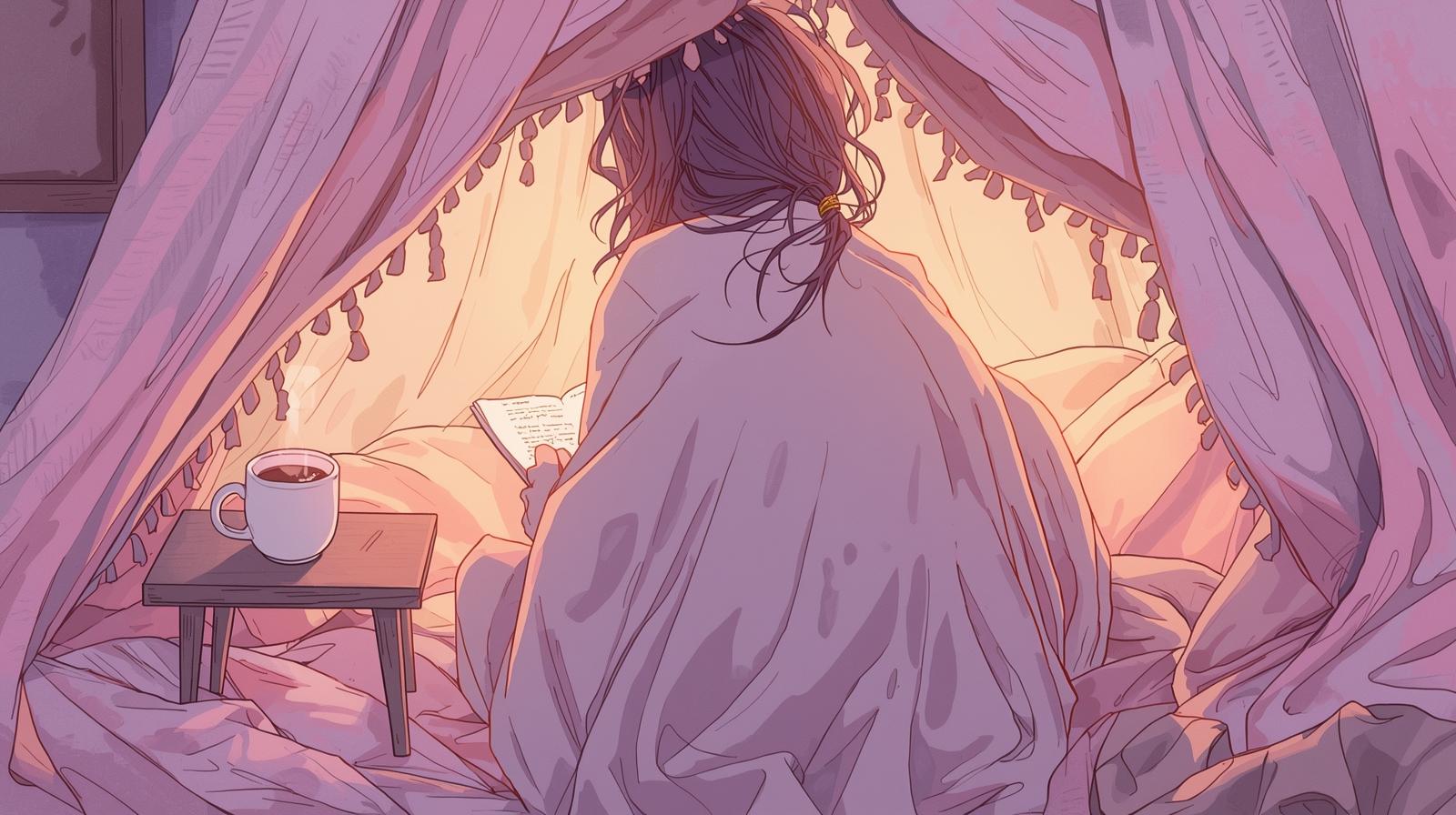 Person in a robe reading a book with a cup of tea in a cozy room with pink curtains.