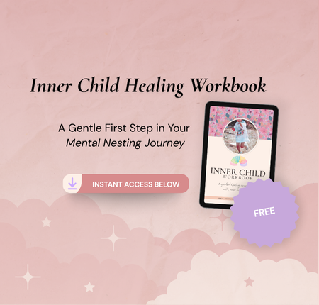 Promotional graphic for 'Inner Child Healing Workbook' with a pink background and tablet displaying the workbook cover.