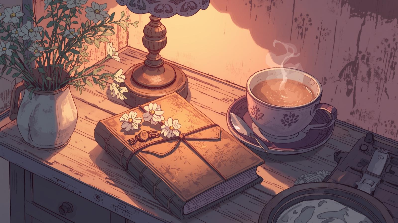 Cup of steaming tea on a saucer with a book, lamp, and flowers on a wooden surface.