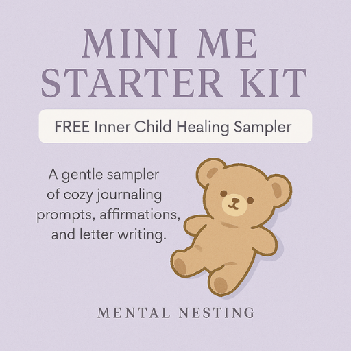 Promotional graphic for 'Mini Me Starter Kit' with a teddy bear illustration on a light purple background.