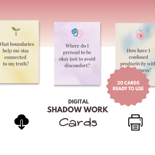 Digital shadow work cards with text prompts on a gradient background, featuring a download and print icon.
