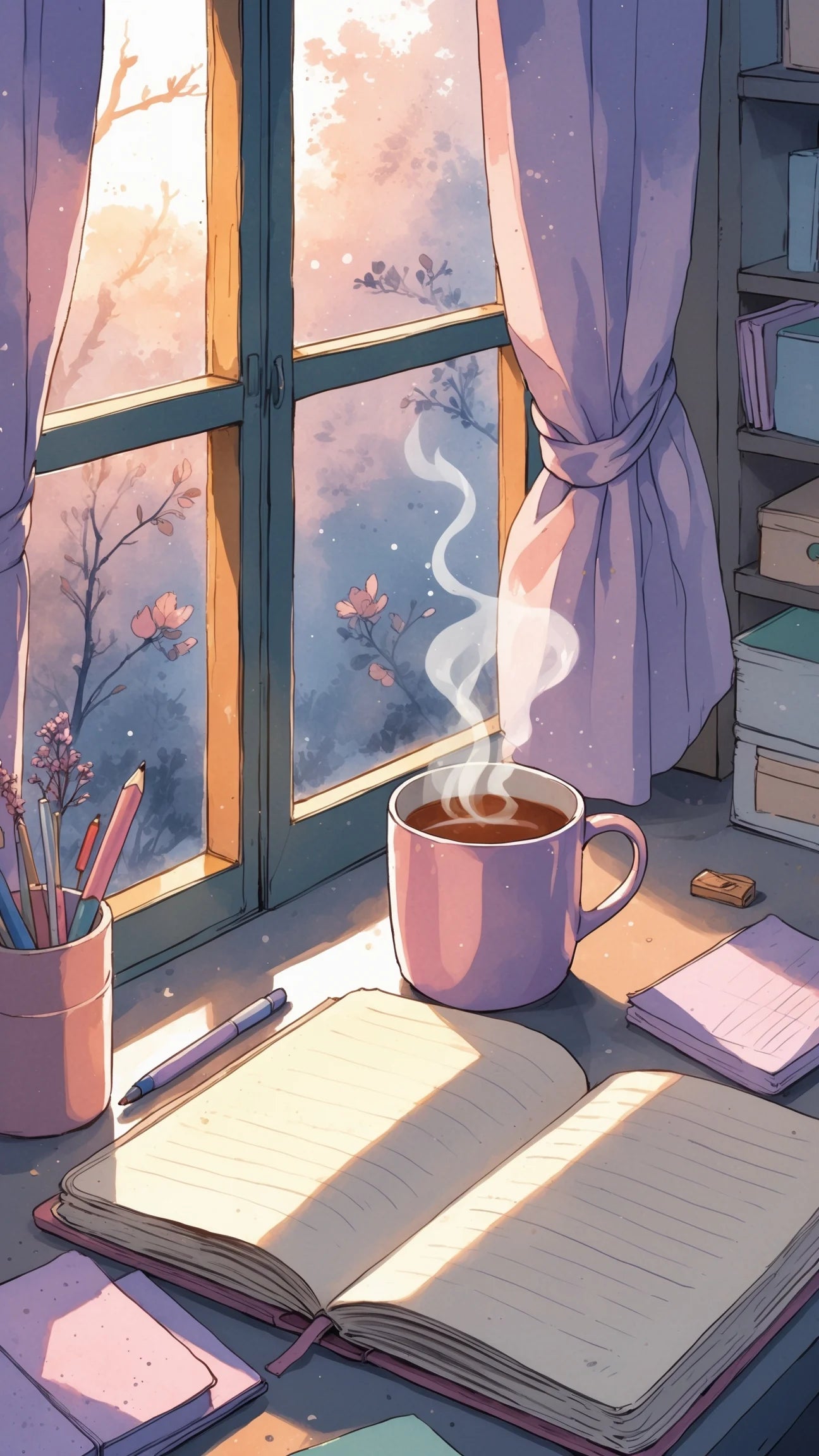 Steaming cup of coffee on a desk next to an open notebook with a window in the background