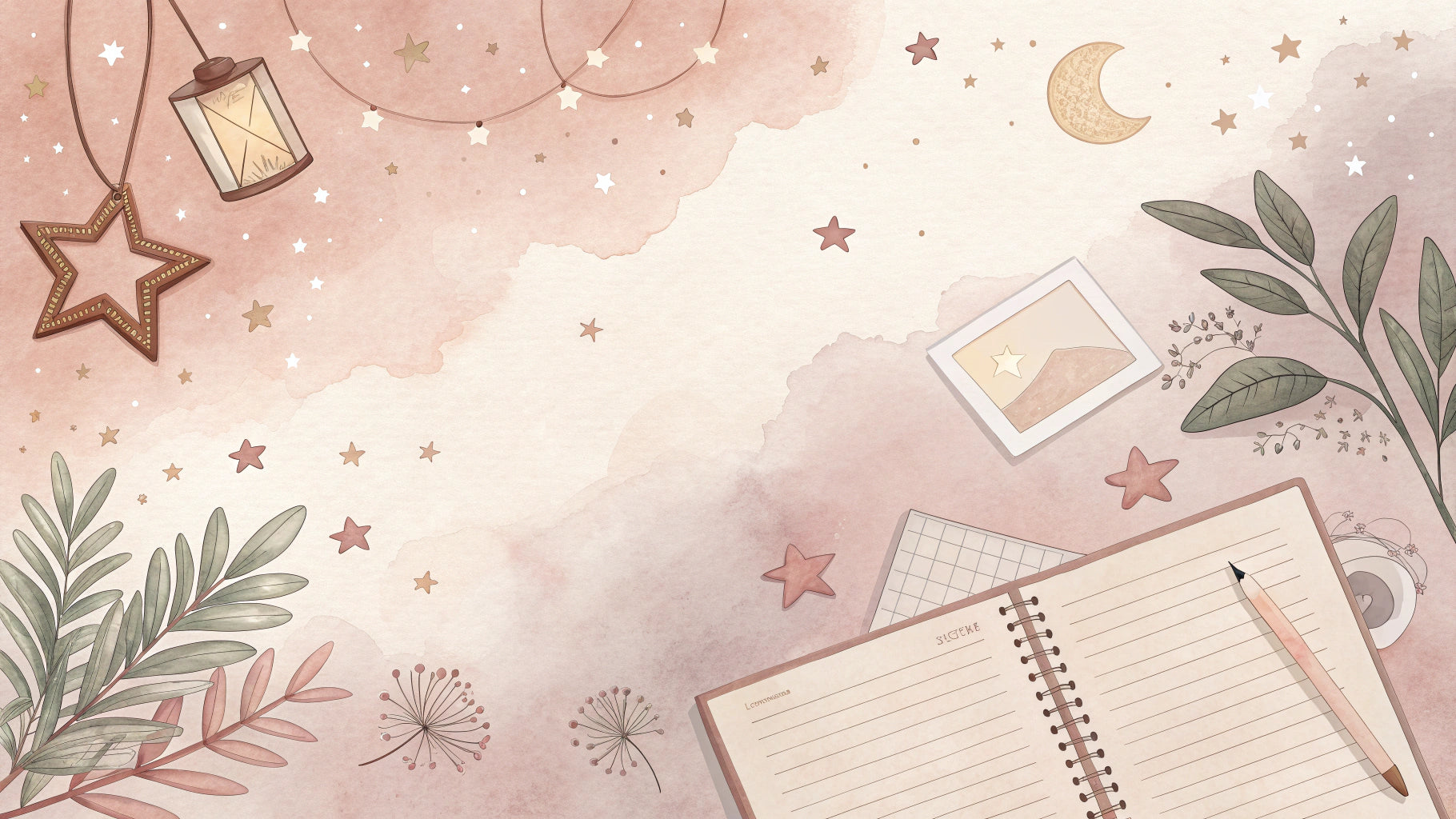 Decorative background with notebook, pencil, lantern, and stars on a pinkish-beige gradient.